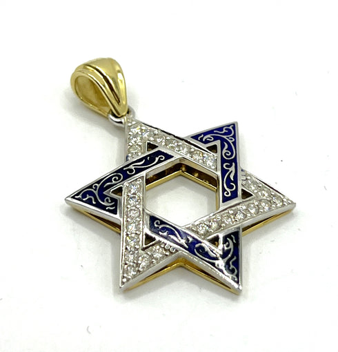14K Gold & Diamond With Blue Enamel Star of David Necklace